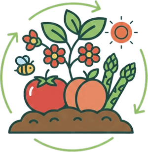 Icono de floración y frutos: planta con flores, abeja y hortalizas; beneficio del humus de lombriz ecológico