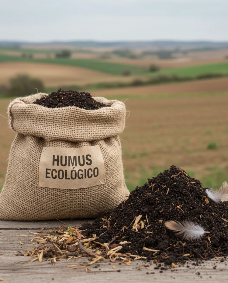 Saco de humus de lombriz ecológico y abono orgánico en campo de YUGG (Pezuela de las Torres)