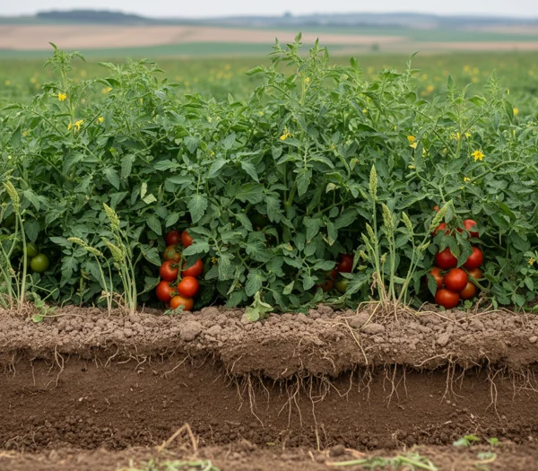 Cultivo de tomate con raíces en suelo fértil, mejorado con humus de lombriz ecológico