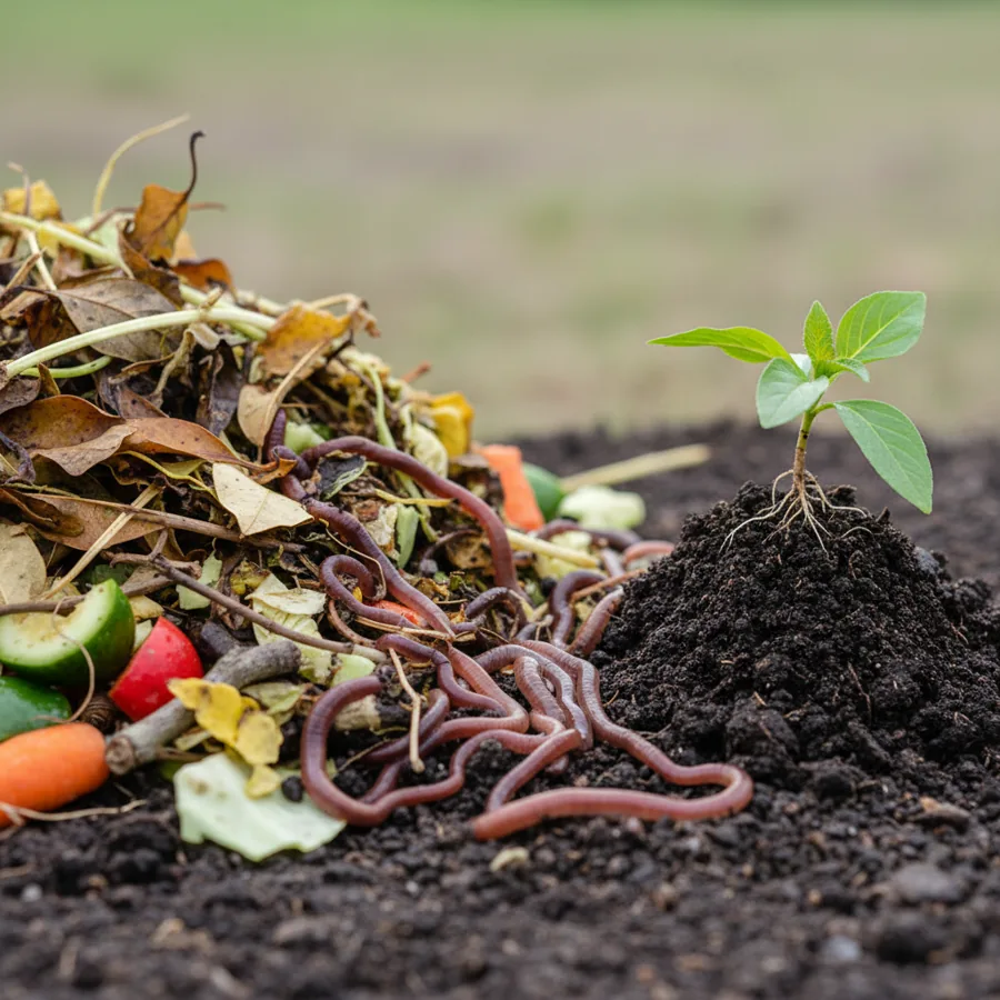 Lombrices y residuos vegetales en vermicompostaje para humus de lombriz ecológico