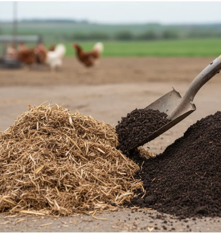 Gallinaza compostada y abono orgánico con pala en granja avícola